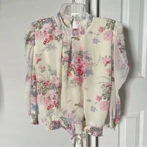Floral high neck puff 3/4 sleeve blouse